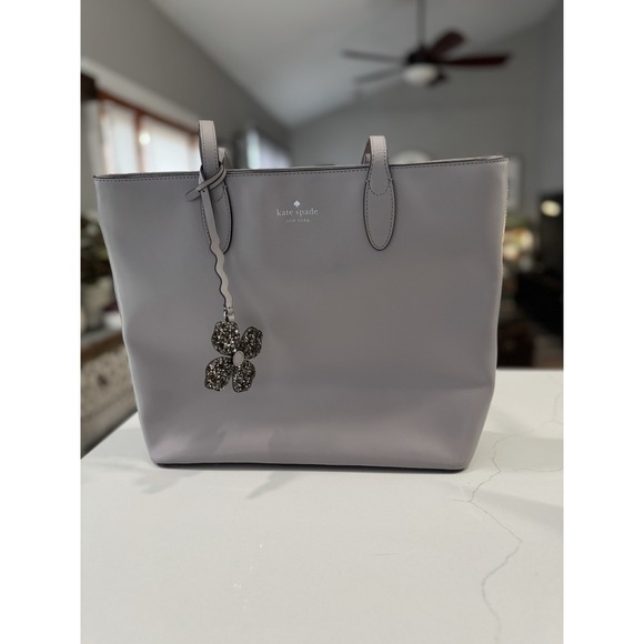 KATE SPADE Kerri Medium Zip Tote Gray Smooth Leather w/ glitter charm - Picture 1 of 9